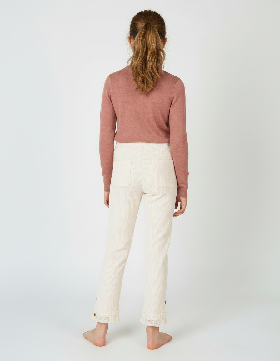 Pantalon Velours Côtelé Écru Enfant Dentelle Boutons - Beige Cordé - vue 2