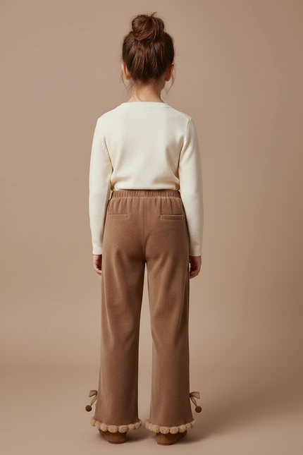 Pantalon Velours Marron Évasé Pompons Fille - vue 2
