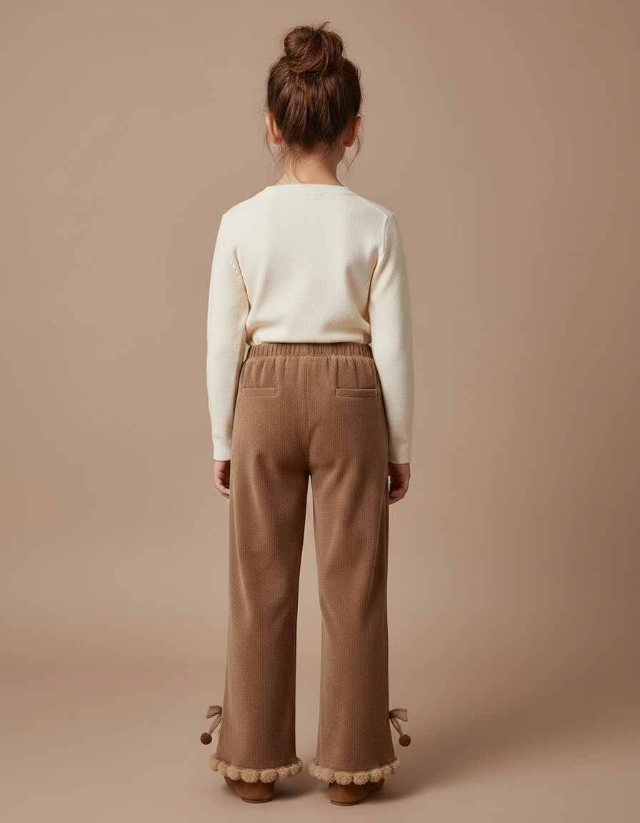 Pantalon Velours Marron Évasé Pompons Fille - vue 2