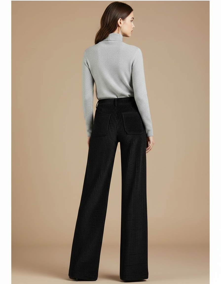 Pantalon Velours Wide Leg Femme - Noir Cordé - vue 2
