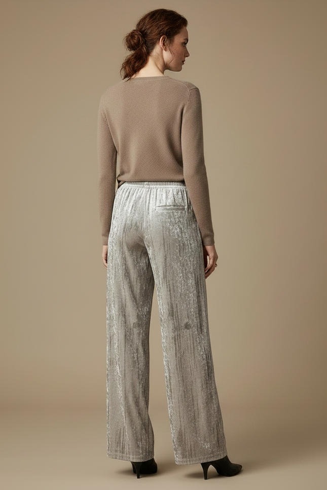 Pantalon Velours Plissé Ample Drapé Élastique Beige - Argenté - vue 2