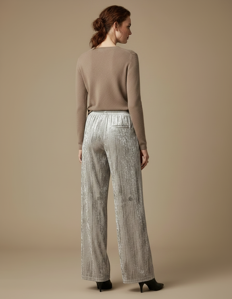 Pantalon Velours Plissé Ample Drapé Élastique Beige - Argenté - vue 2