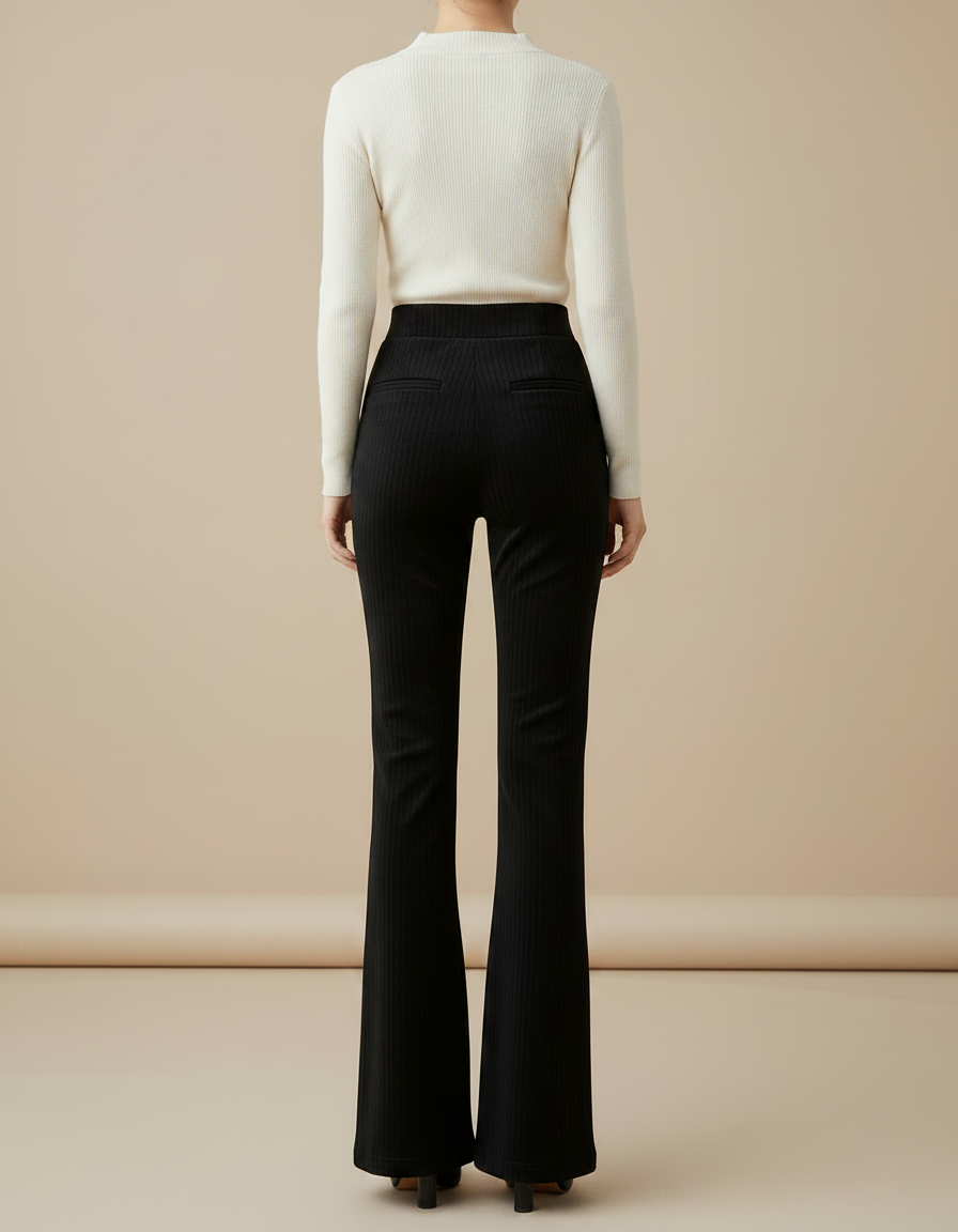 Pantalon Velours Noir Côtelé Évasé Chic Femme - vue 2