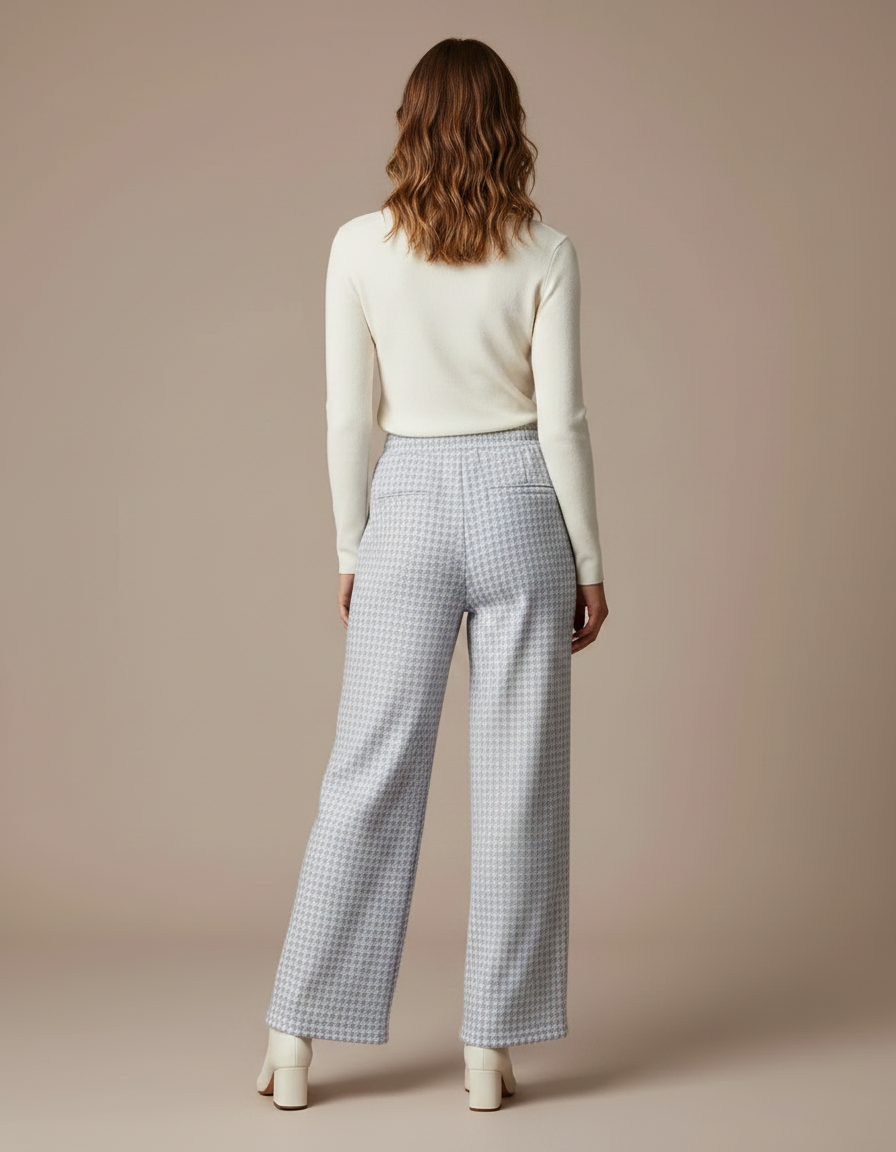 Pantalon Velours Pied-de-poule Écru Ample Confortable Femme - Imprimé Tweed - vue 2