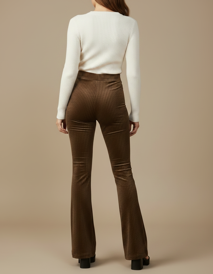 Pantalon Velours Marron Côtelé Évasé Stretch Femme - vue 2