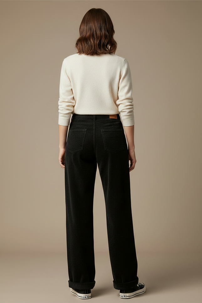 Pantalon Velours Noir Côtelé Large Droit Décontracté Femme - Cordé - vue 2
