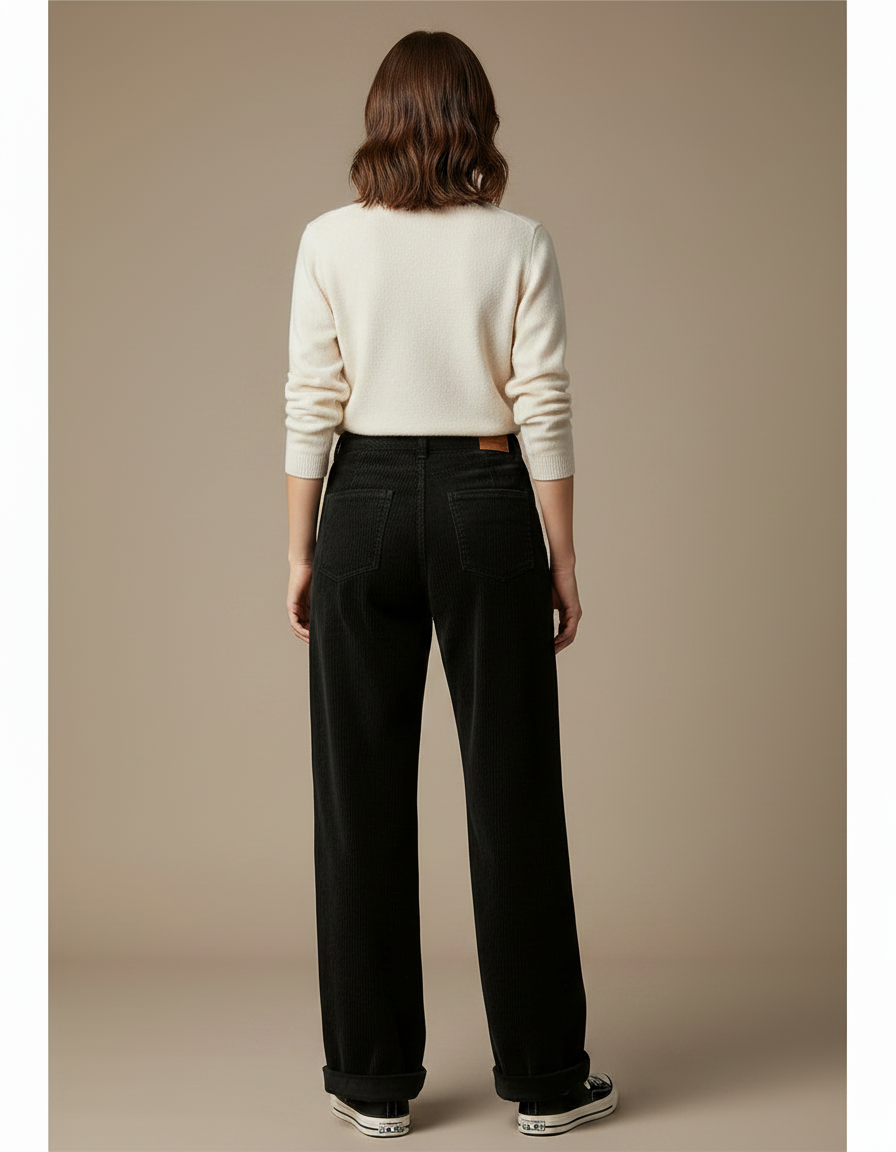 Pantalon Velours Noir Côtelé Large Droit Décontracté Femme - Cordé - vue 2