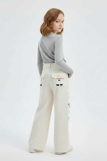 Pantalon Velours Côtelé Écru Large Brodé Enfant - Blanc Cordé - vue 2
