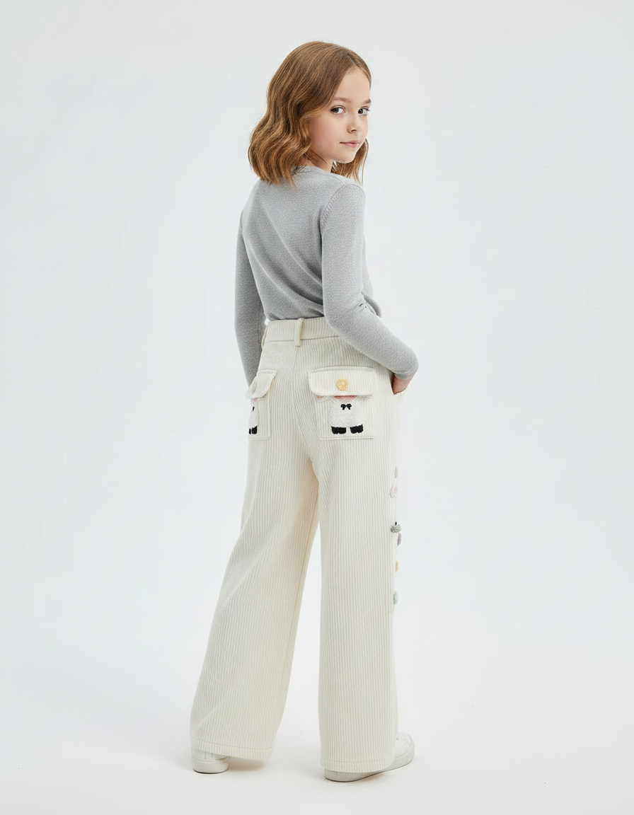 Pantalon Velours Côtelé Écru Large Brodé Enfant - Blanc Cordé - vue 2