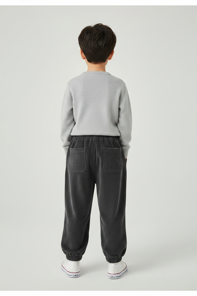 Pantalon Velours Enfant Côtelé Gris Foncé Élastique Décontracté Hiver - Cordé - vue 2
