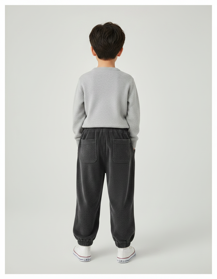 Pantalon Velours Enfant Côtelé Gris Foncé Élastique Décontracté Hiver - Cordé - vue 2