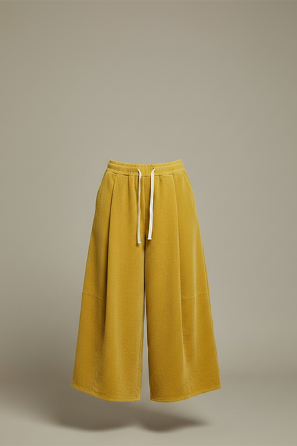 Pantalon Velours Côtelé Ample Jaune Moutarde Femme Confortable - vue 3