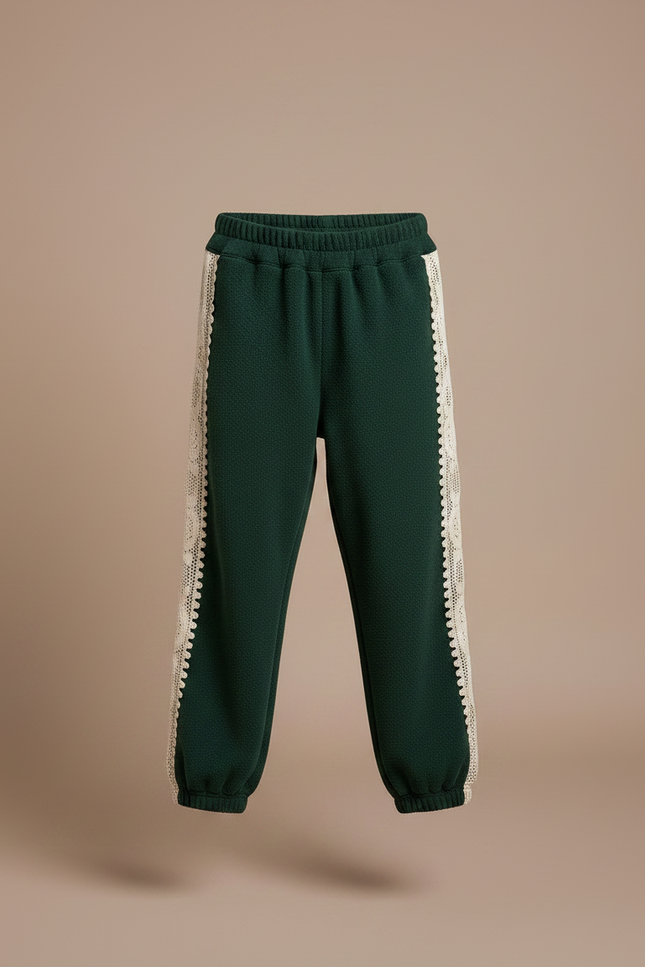 Pantalon Velours Vert Épais Détail Dentelle Enfant - vue 3