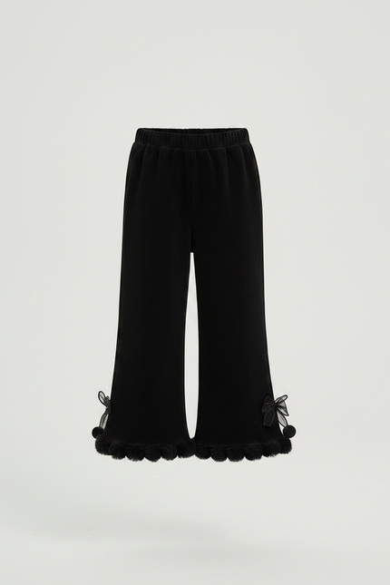 Pantalon Velours Noir Côtelé Évasé Pompons Fille - vue 3