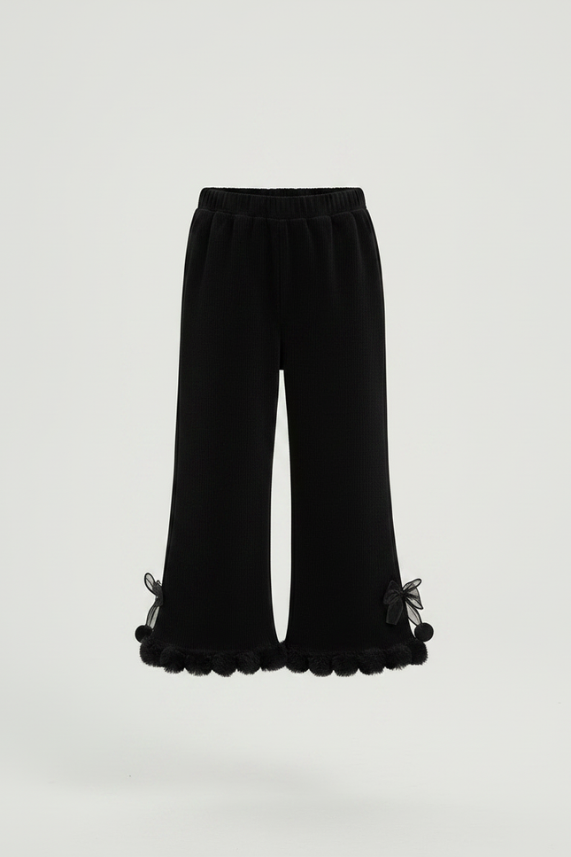 Pantalon Velours Noir Côtelé Évasé Pompons Fille - vue 3