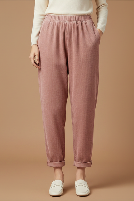 Pantalon Velours Rose Côtelé Ample Élastiqué Décontracté Femme - Cordé - vue 3