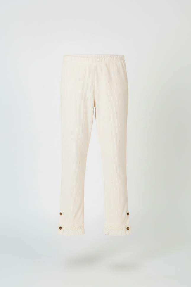Pantalon Velours Côtelé Écru Enfant Dentelle Boutons - Beige Cordé - vue 3