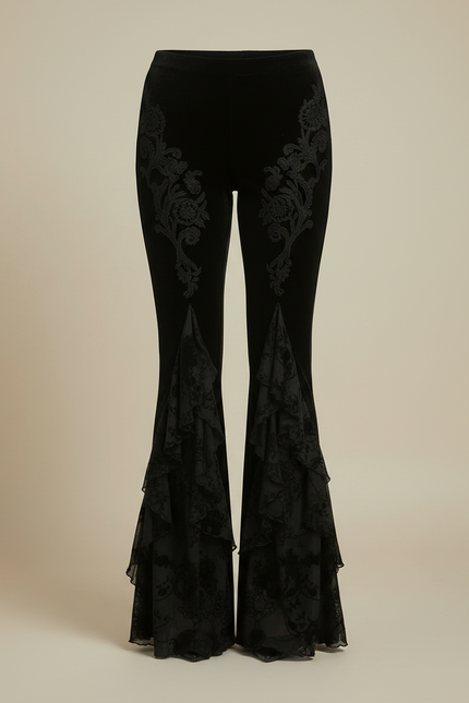 Pantalon Velours Noir Évasé Broderie Dentelle Femme - vue 3