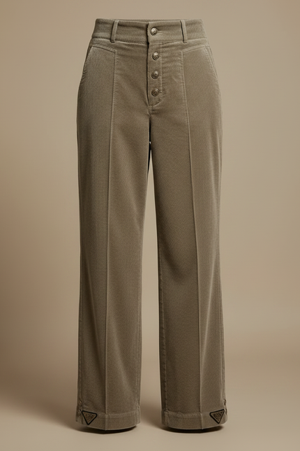Pantalon Velours Côtelé Femme Ample Taille Haute Boutons - Kaki Cordé - vue 3
