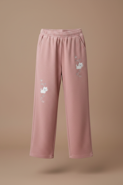 Pantalon Velours Rose Côtelé Ample Imprimé Chat - Cordé - vue 3