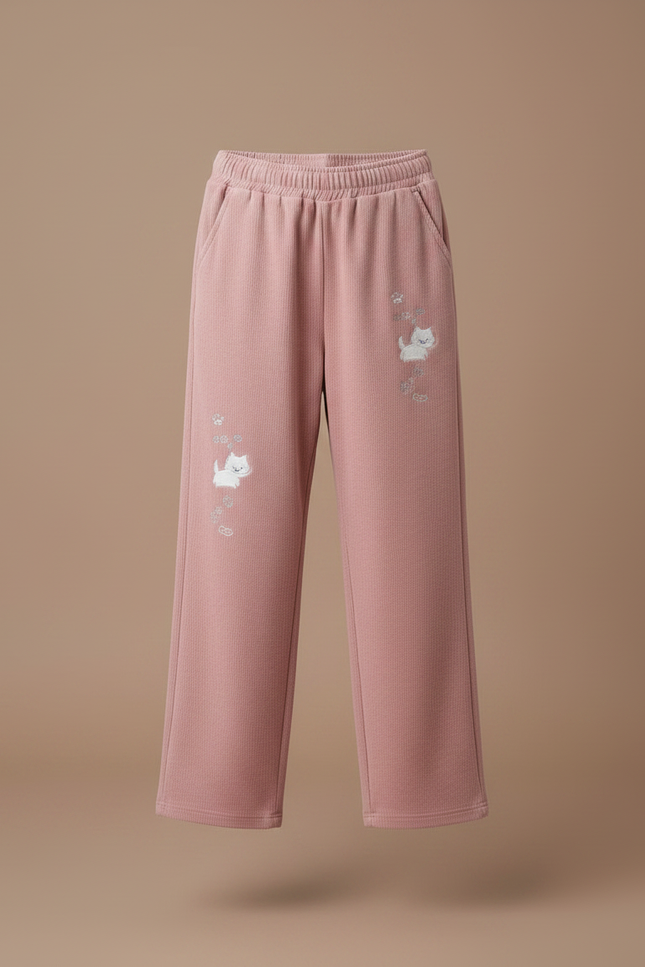 Pantalon Velours Rose Côtelé Ample Imprimé Chat - Cordé - vue 3