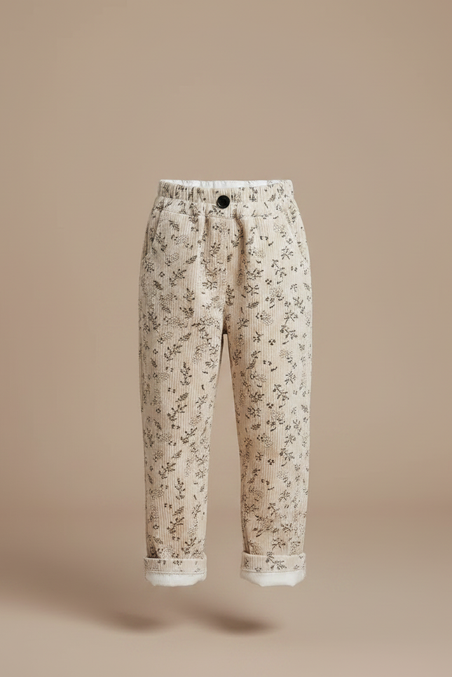 Pantalon Velours Beige Côtelé Imprimé Floral Doublé Enfant - Cordé - vue 3