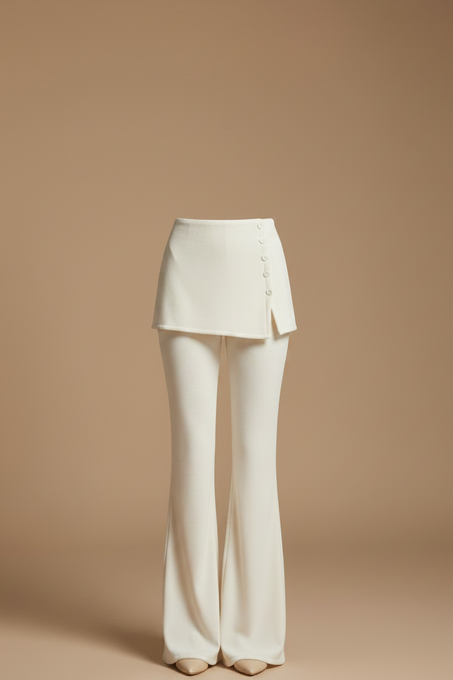 Pantalon Velours Crème Évasé Taille Haute Élégant - Beige - vue 3
