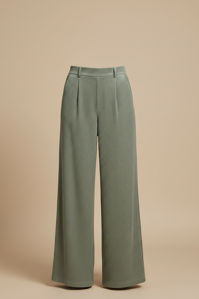 Pantalon Velours Côtelé Vert Ample Taille Haute Décontracté Femme - Cordé - vue 3