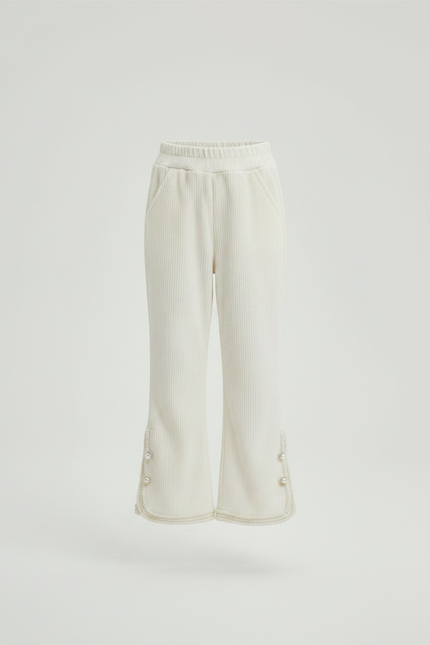 Pantalon Velours Écru Côtelé Évasé Boutons Fille - Beige Cordé - vue 3