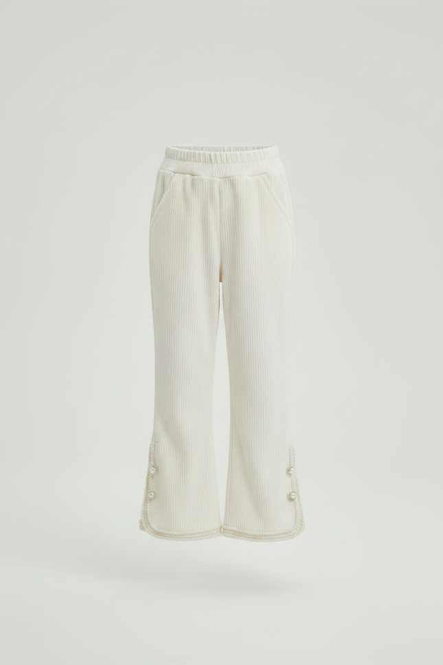 Pantalon Velours Écru Côtelé Évasé Boutons Fille - Beige Cordé - vue 3