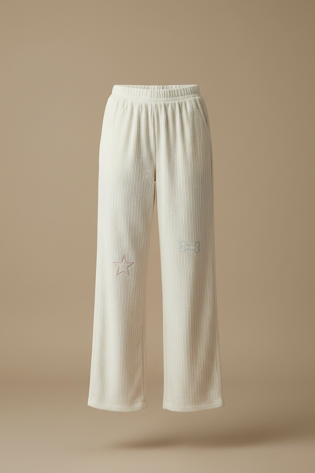 Pantalon Velours Écru Côtelé Ample Brodé Décontracté - Beige Cordé - vue 3