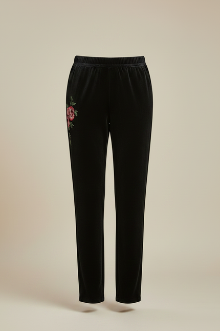 Pantalon Velours Noir Brodé Fleurs Élégant Femme - vue 3