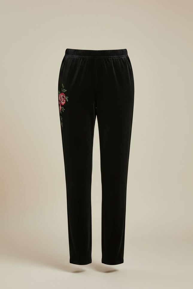 Pantalon Velours Noir Brodé Fleurs Élégant Femme - vue 3