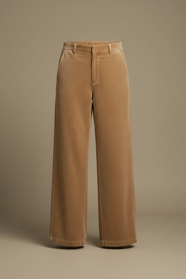 Pantalon Velours Large Beige Lisse Décontracté Femme - Camel Cordé - vue 3