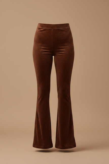 Pantalon Velours Côtelé Marron Évasé Taille Haute - Cordé - vue 3