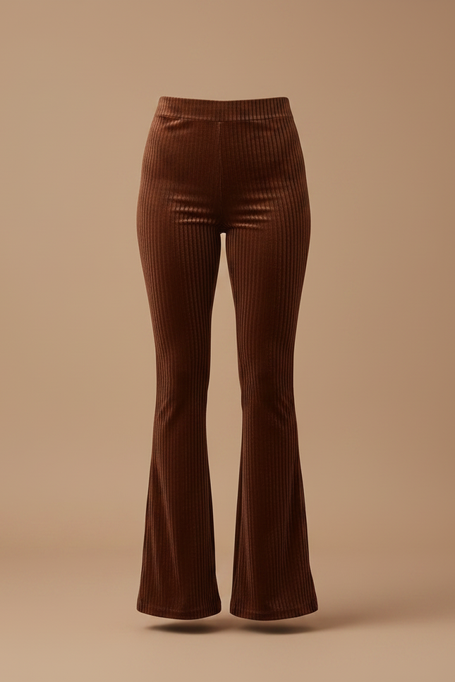 Pantalon Velours Côtelé Marron Évasé Taille Haute - Cordé - vue 3