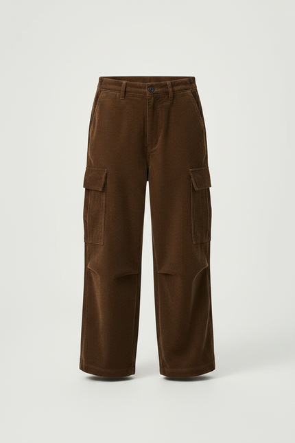Pantalon Velours Marron Côtelé Cargo Ample Enfant - vue 3
