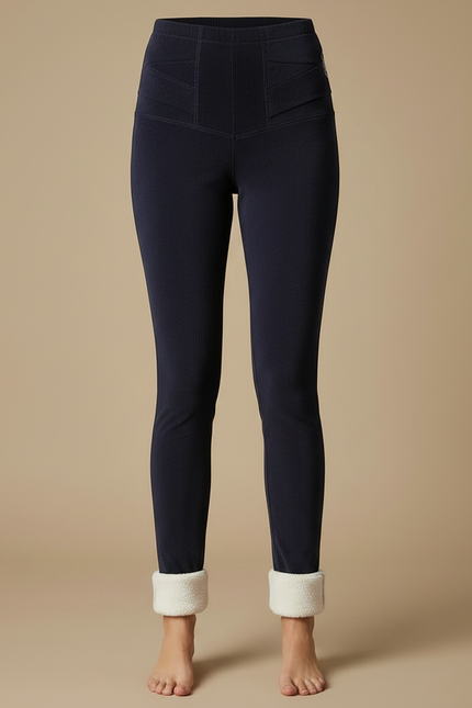 Pantalon Velours Marine Côtelé Taille Haute Doublé Polaire - Cordé - vue 3