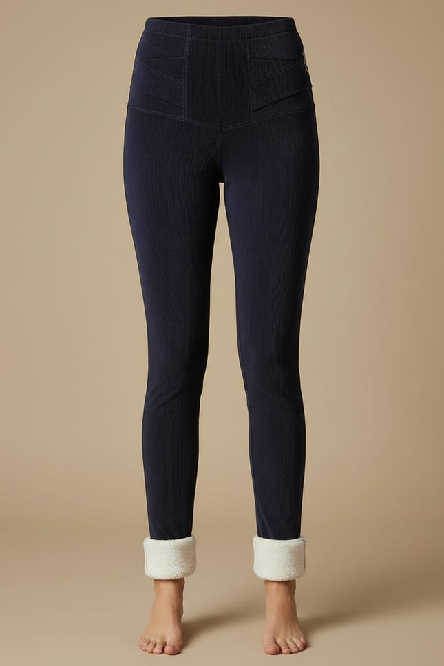 Pantalon Velours Marine Côtelé Taille Haute Doublé Polaire - Cordé - vue 3