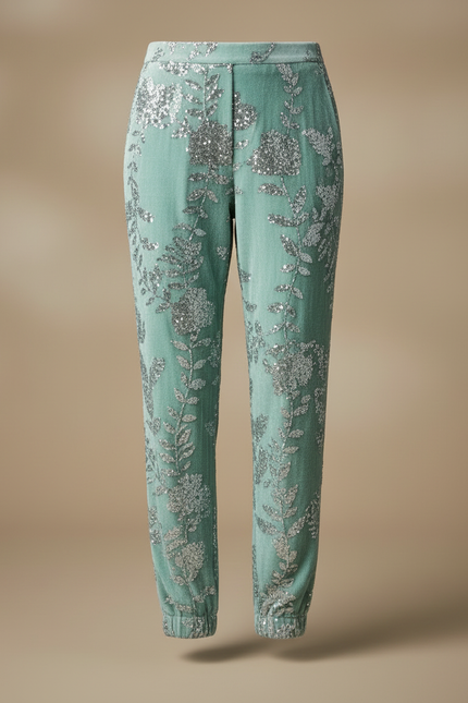 Pantalon Velours Vert Brodé Paillettes Élastiqué Élégant - vue 3