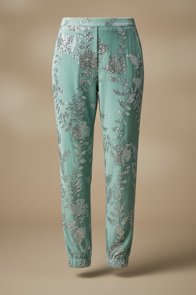 Pantalon Velours Vert Brodé Paillettes Élastiqué Élégant - vue 3