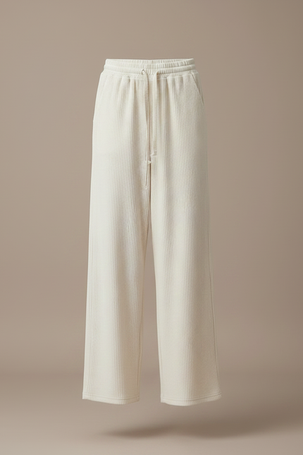 Pantalon Velours Côtelé Large Écru Décontracté Femme - Beige Maille - vue 3
