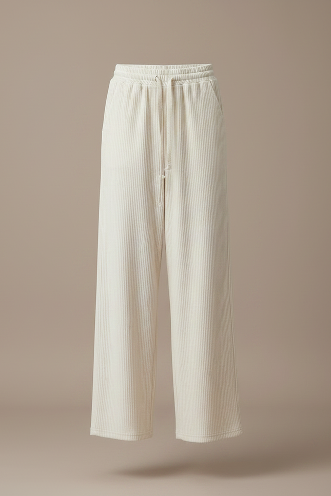 Pantalon Velours Côtelé Large Écru Décontracté Femme - Beige Maille - vue 3