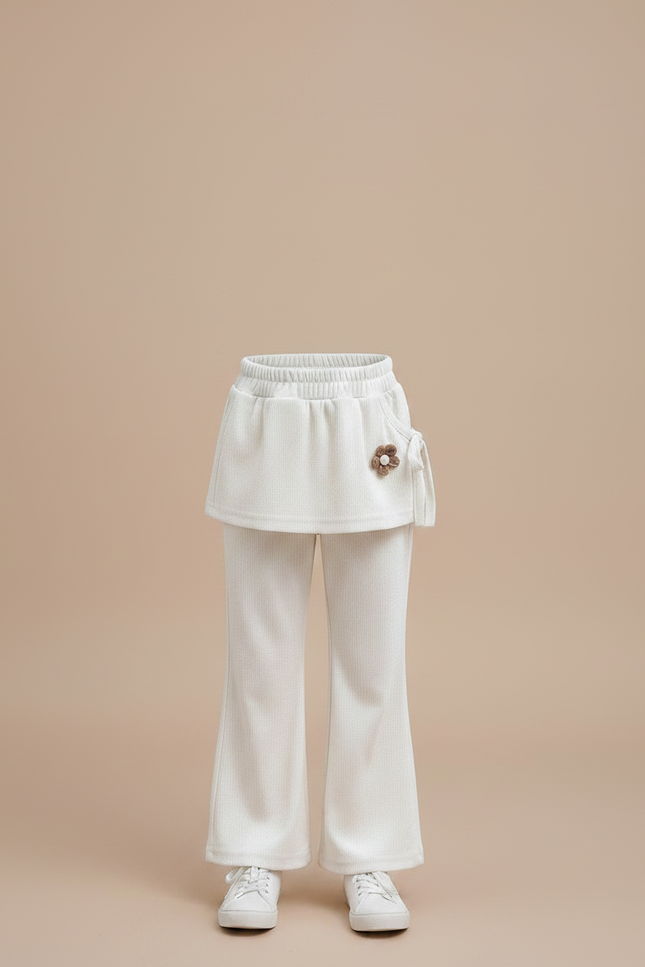 Pantalon Velours Crème Côtelé Ample Jupe Fleur Fille - Beige Cordé - vue 3