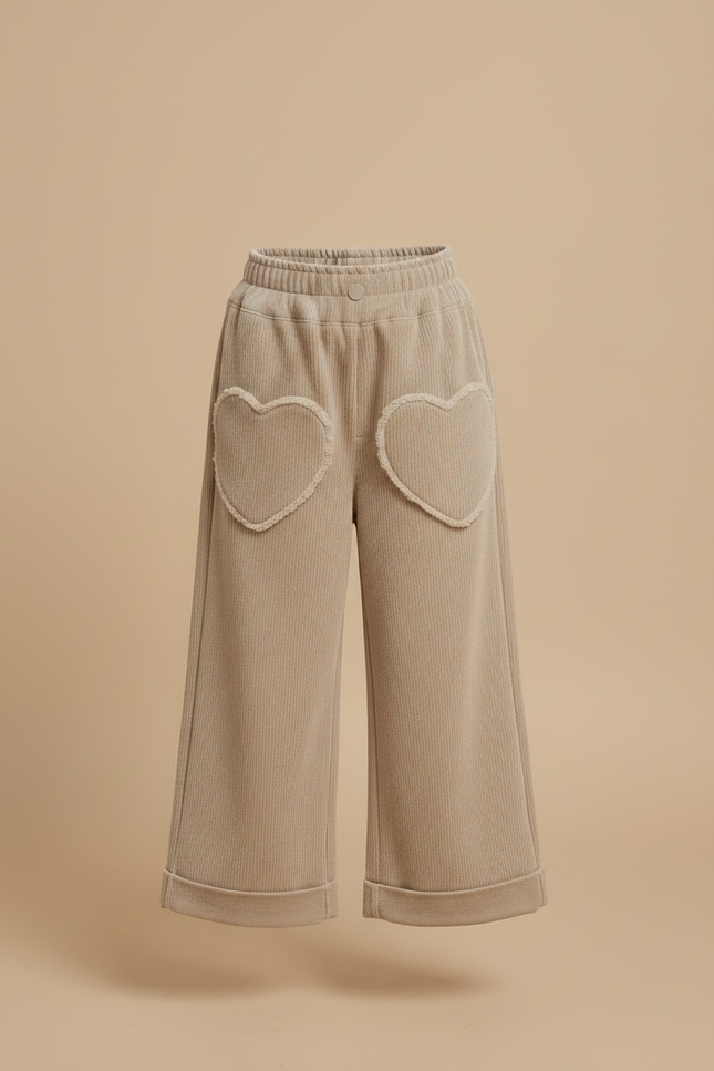 Pantalon Velours Côtelé Beige Cœurs Ample Fille - Cordé - vue 2