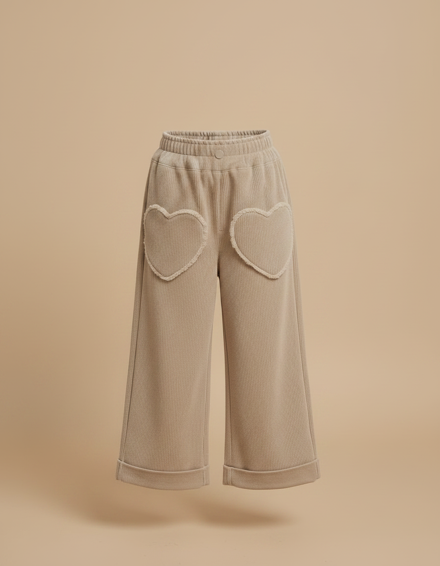 Pantalon Velours Côtelé Beige Cœurs Ample Fille - Cordé - vue 2