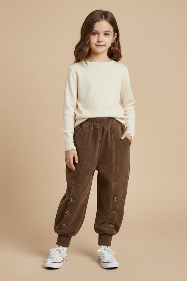 Pantalon Velours Marron Côtelé Ample Boutons Enfant - Cordé - vue 3