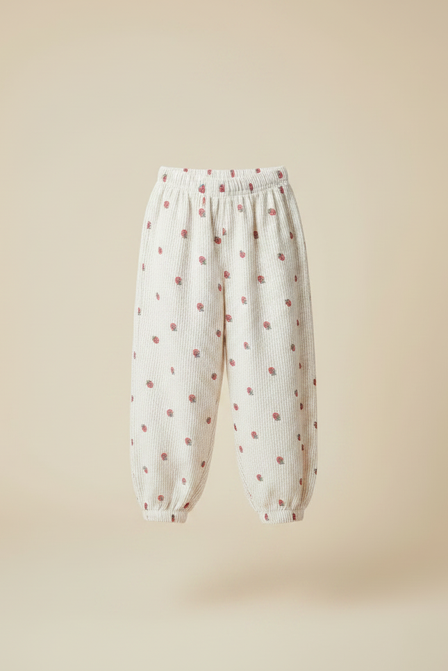 Pantalon Velours Écru Imprimé Fraises Ample Enfant - Beige Cordé - vue 3