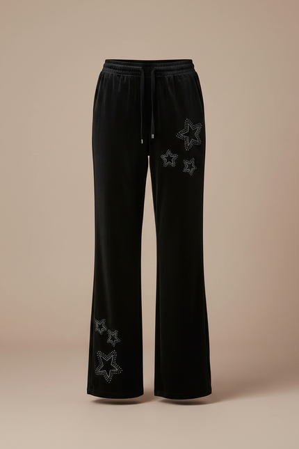Pantalon Velours Noir Évasé Étoiles Strass Décontracté - vue 3