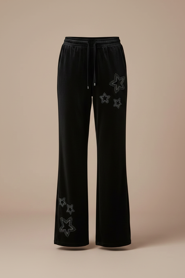 Pantalon Velours Noir Évasé Étoiles Strass Décontracté - vue 3